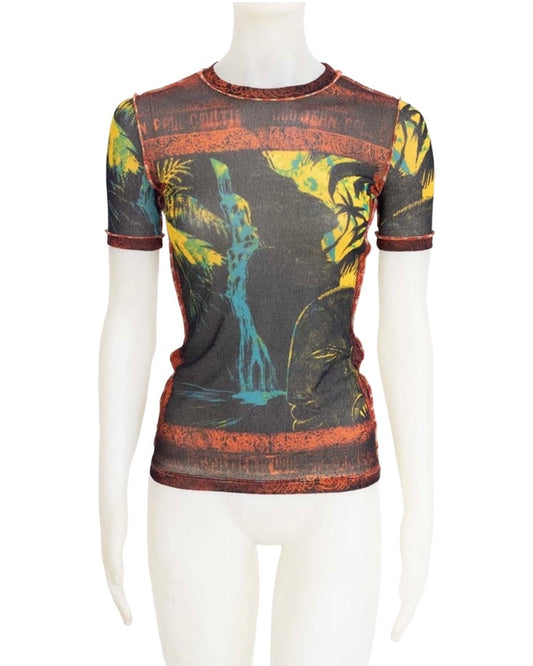 Jean Paul Gaultier Classique S/S 2000 Abstract Psychedelic Print Sheer Mesh Top